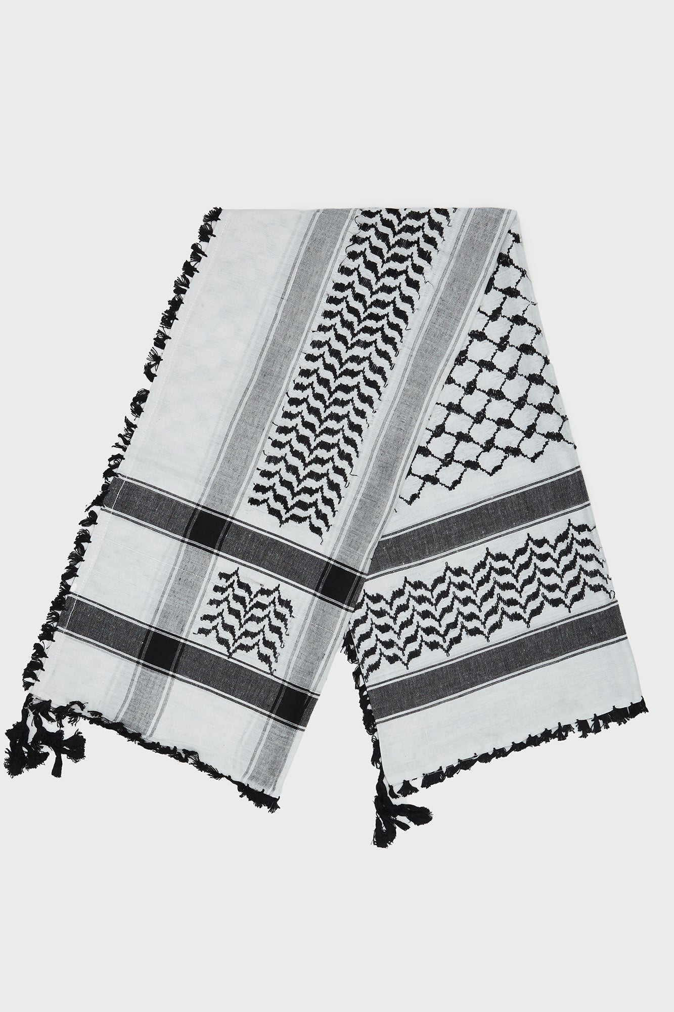 Luxury Bamboo Keffiyeh Scarf - Palestinian Pattern, Fringe Finishing - Man Occasional/Casual Wear - 120 cm x 120 cm - Black/White - Cave