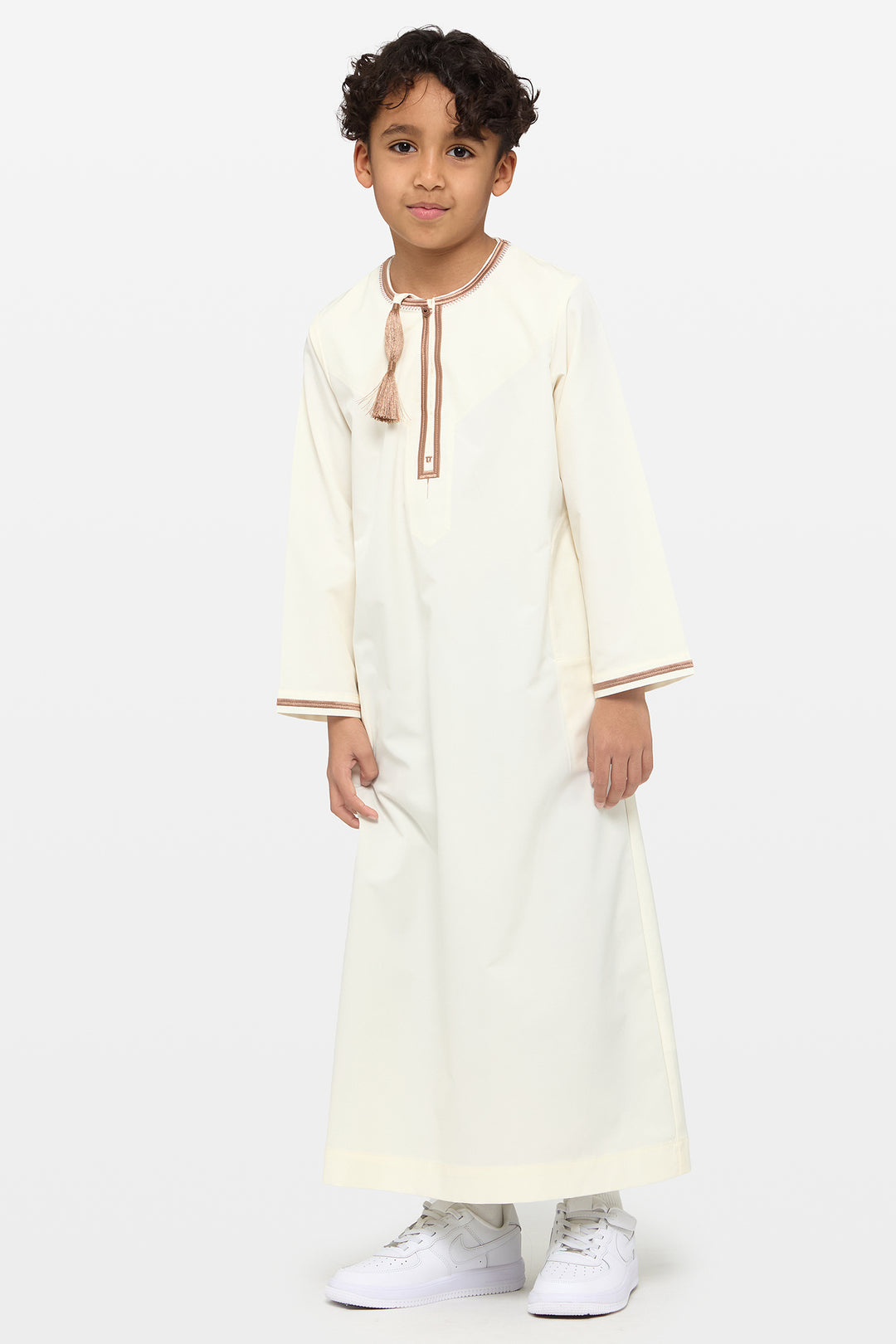 Eggshell Cream & Caramel Brown Omani Kids Thobe - CAVE