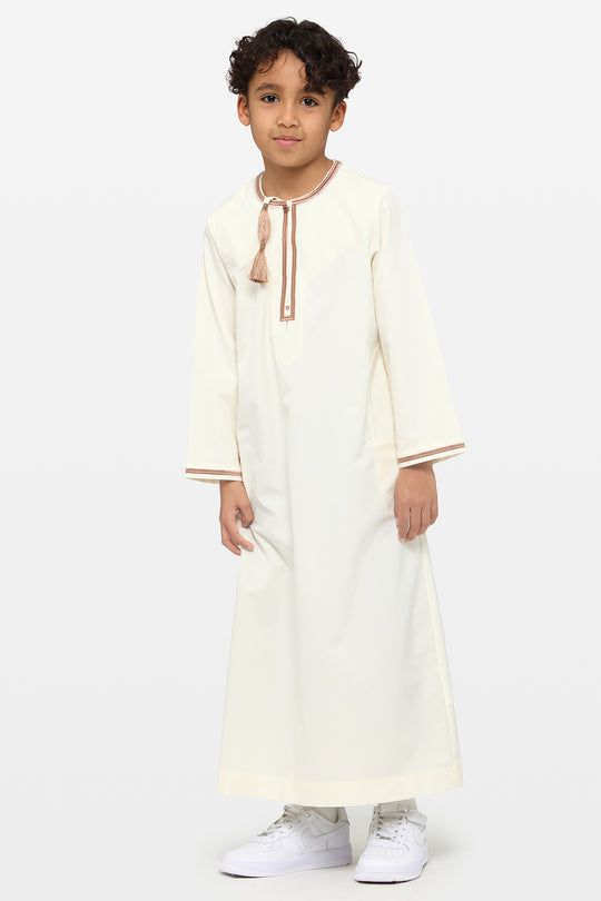Eggshell Cream & Caramel Brown Omani Kids Thobe - CAVE