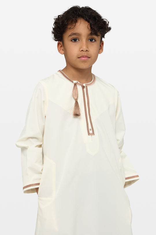 Eggshell Cream & Caramel Brown Omani Kids Thobe - CAVE