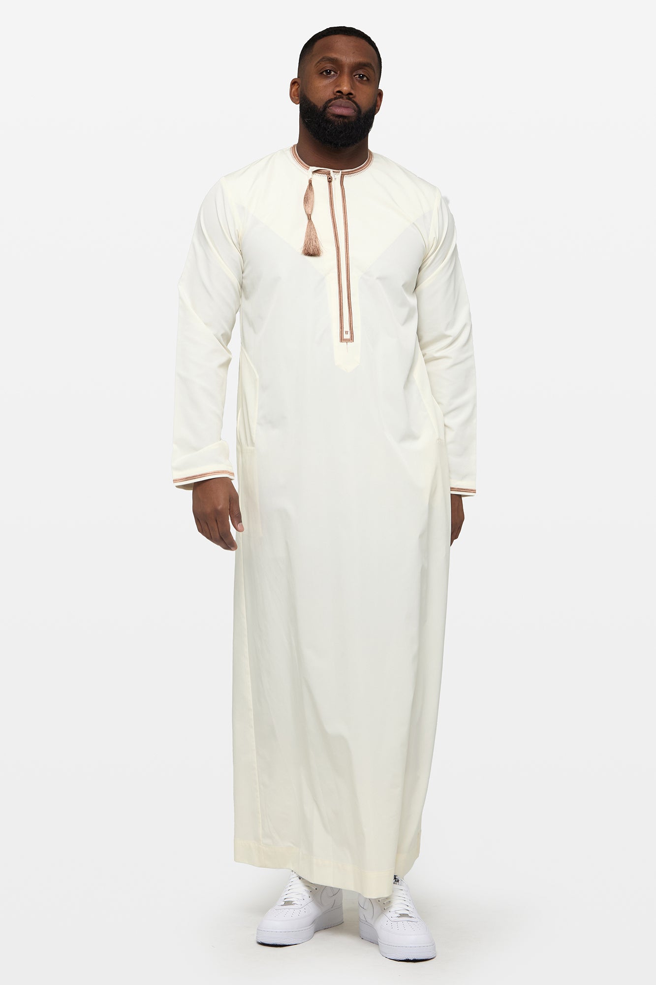 Eggshell Cream & Caramel Brown Omani Thobe - CAVE