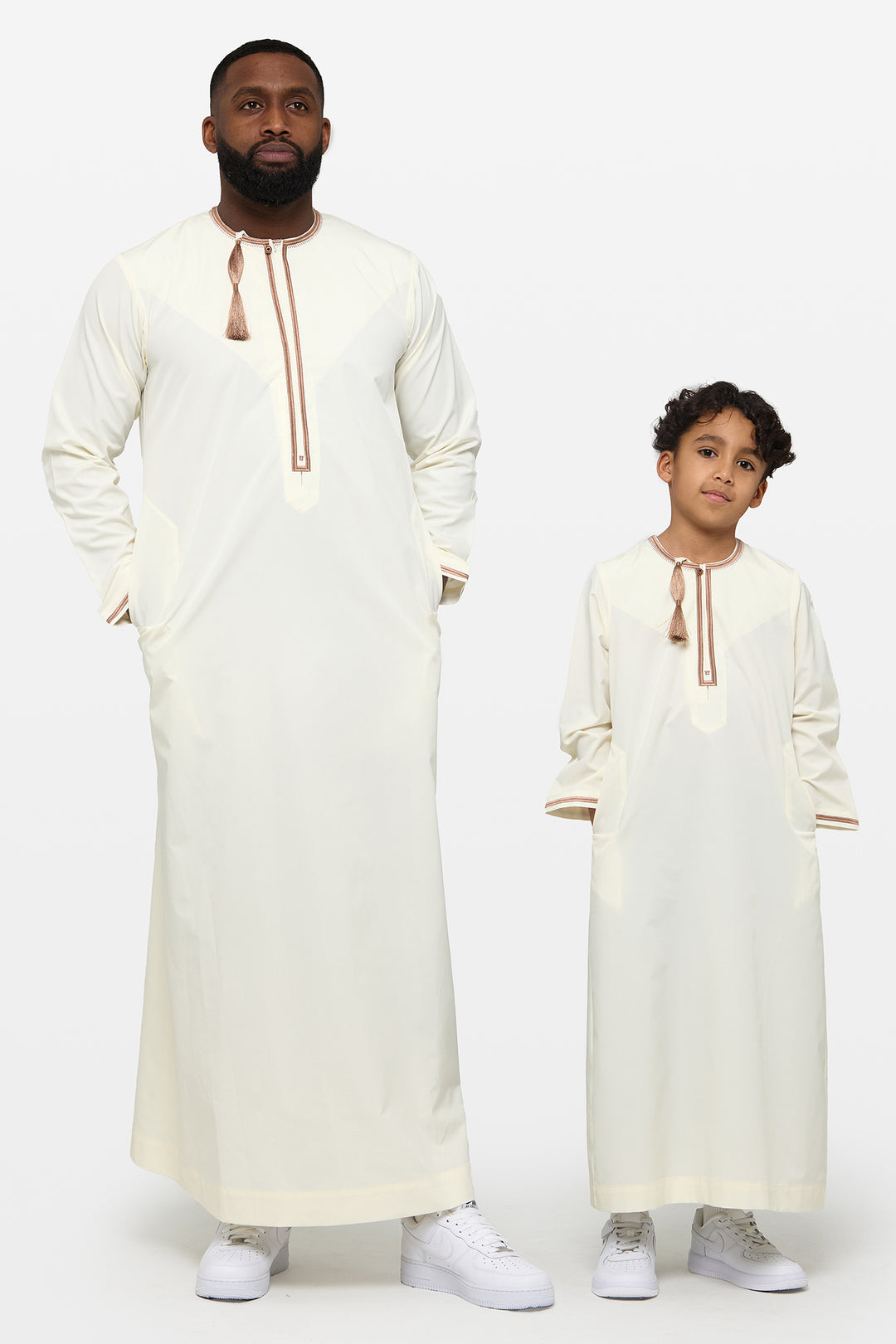 Eggshell Cream & Caramel Brown Omani Kids Thobe - CAVE