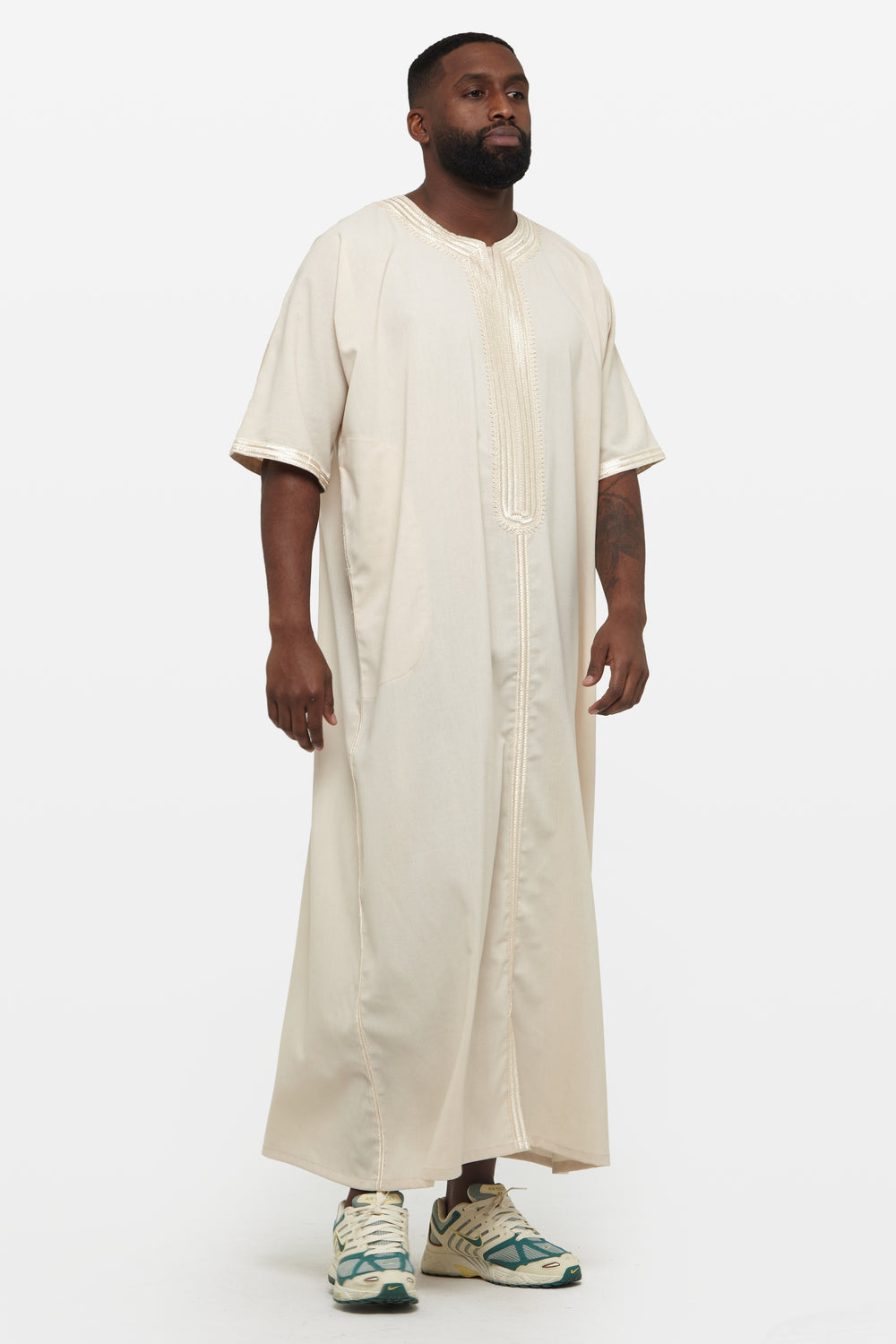 Pearled Ivory Linen Moroccan Thobe - CAVE