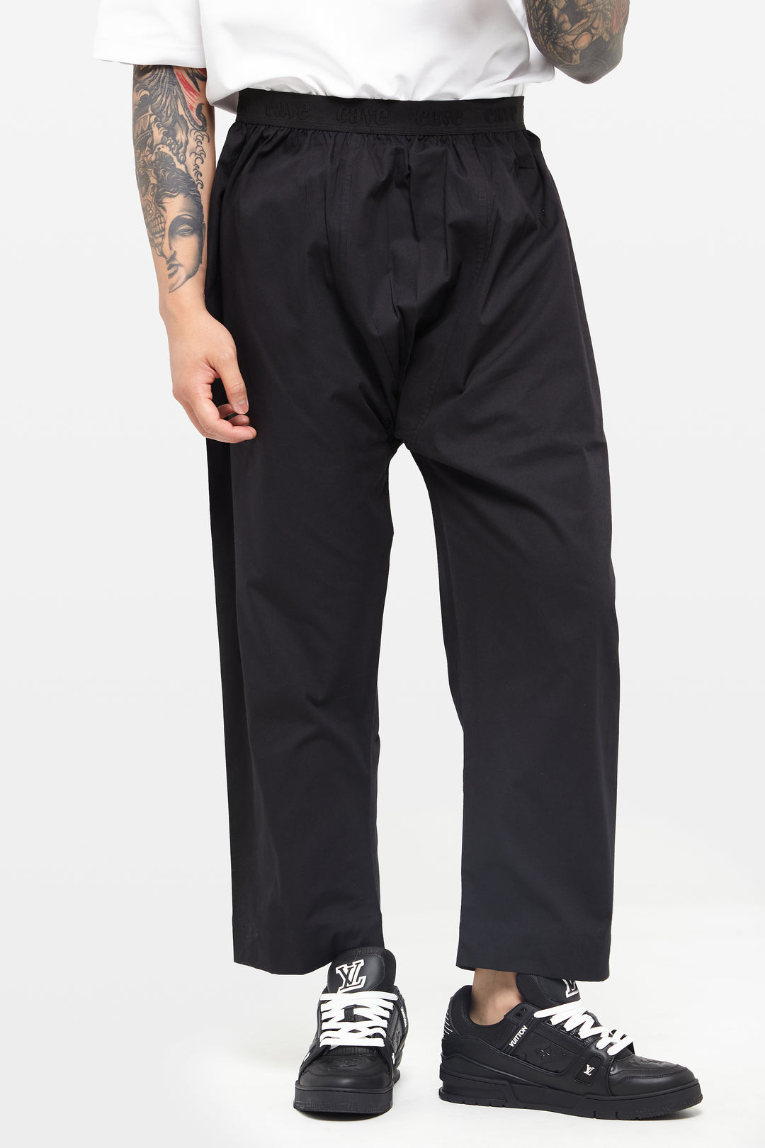 Jet Black Wide-Leg Elasticated Cotton Trousers