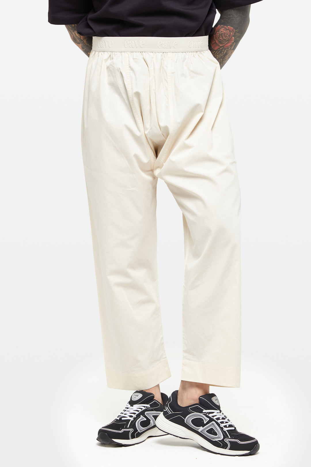 Pearled Ivory Wide-Leg Elasticated Cotton Trousers