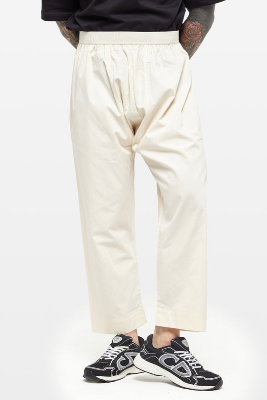 Pearled Ivory Wide-Leg Elasticated Cotton Trousers