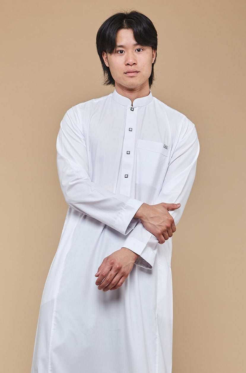 White Classic Buttoned Collar Thobe