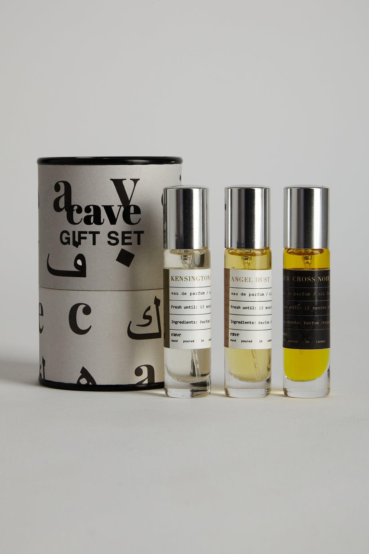 CAVE fragrance gift set tube with three perfume oil bottles