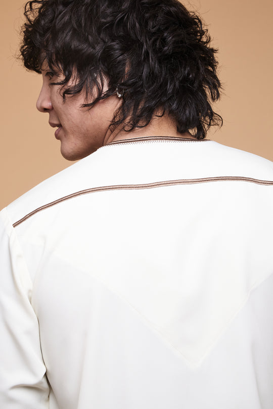 Eggshell Cream & Caramel Brown Omani Thobe - CAVE