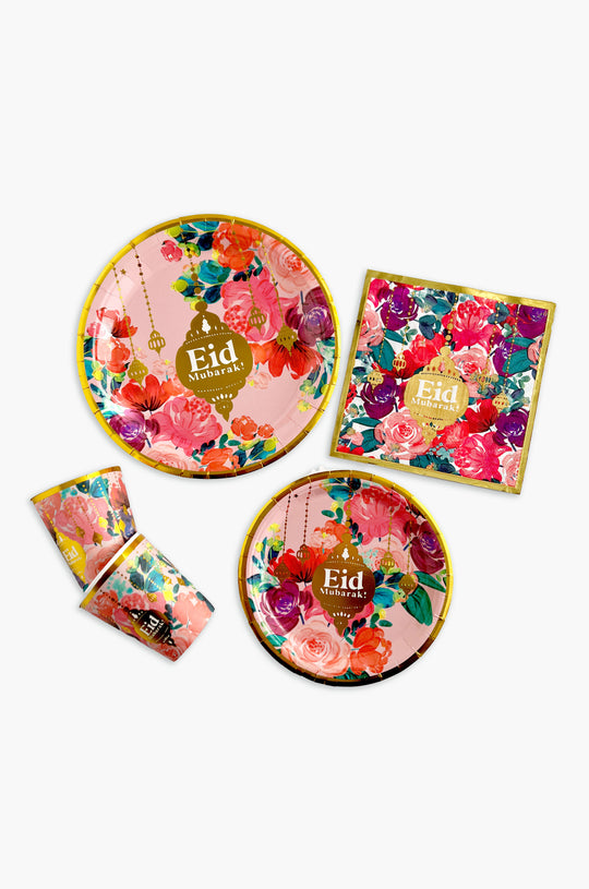 Eid Party Tableware Set - Floral Pink & Gold