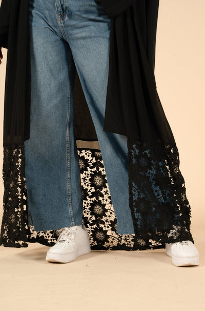 Black Georgette Kimono With Lace Hem - CAVE