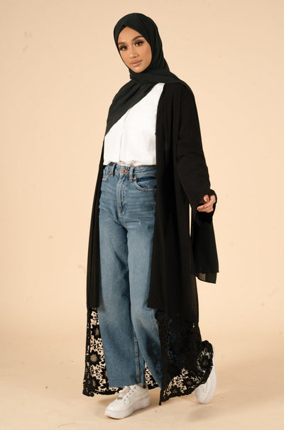 Black Georgette Kimono With Lace Hem - CAVE