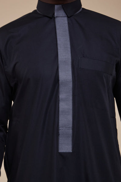 Black Textured Tuxedo Collar Thobe - CAVE