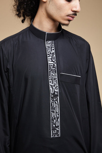 Coal Black Arabesque Collar Thobe - CAVE