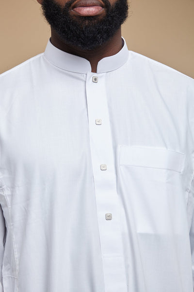 Pure White Buttoned Collar Thobe - CAVE