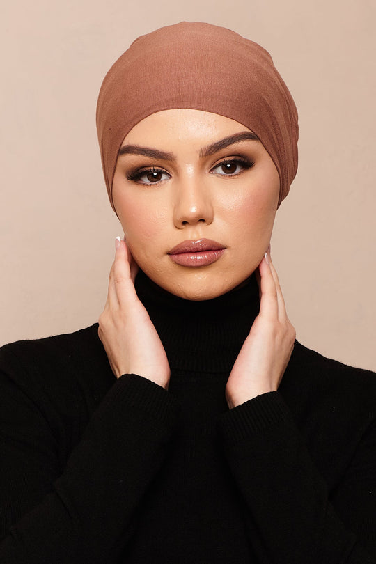 Satin-Blend Mocha Mousse Bamboo Jersey Hijab Cap - CAVE